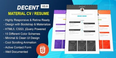 Decent - Material Design Professional CV/Resume HTML Template by ravelweb